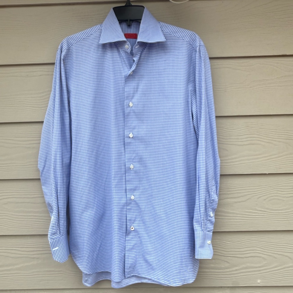 Isaia Light Blue Checkered Dress Shirt